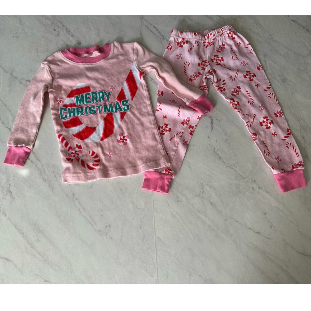 Merry Christmas candy cane holiday girls pink pajama set sz 2t